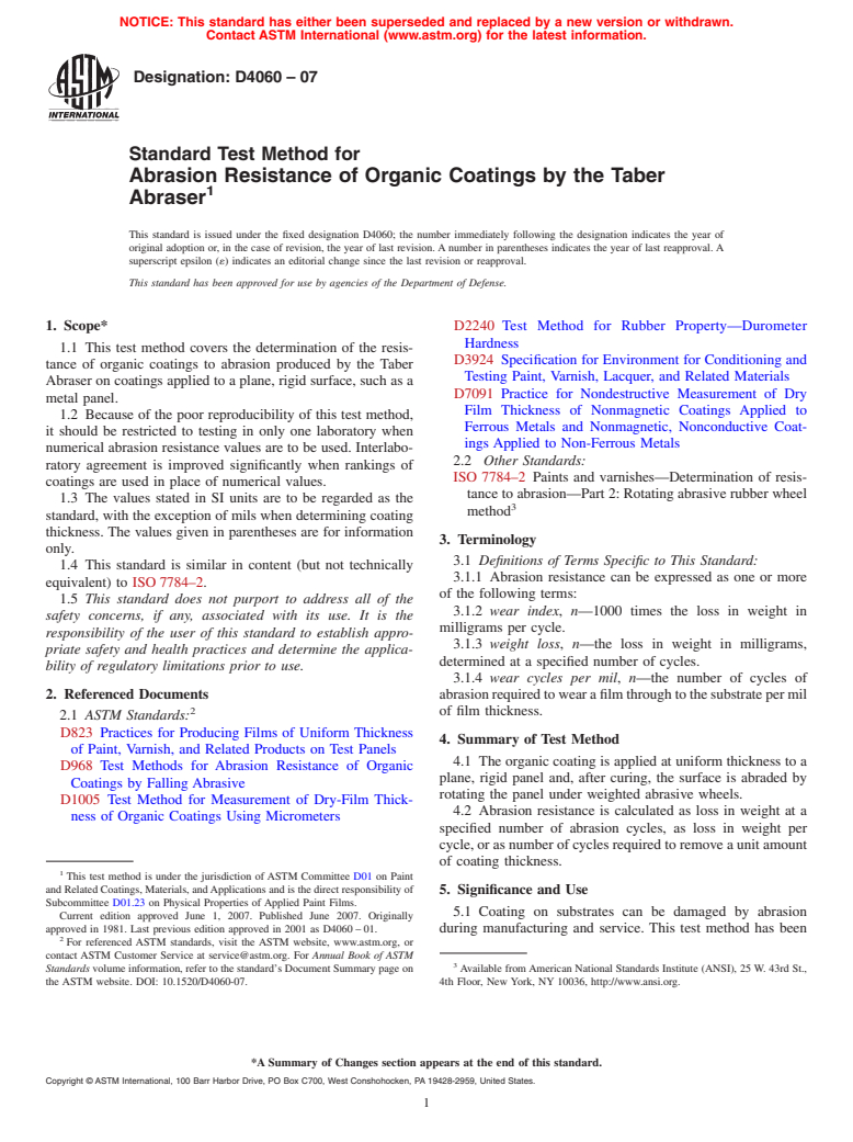 ASTM D4060-07 - Standard Test Method for Abrasion Resistance of Organic Coatings by the Taber Abraser