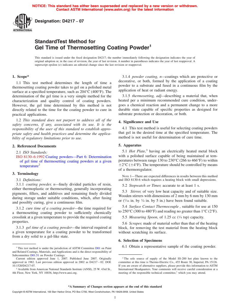 ASTM D4217-07 - Standard Test Method for Gel Time of Thermosetting Coating Powder