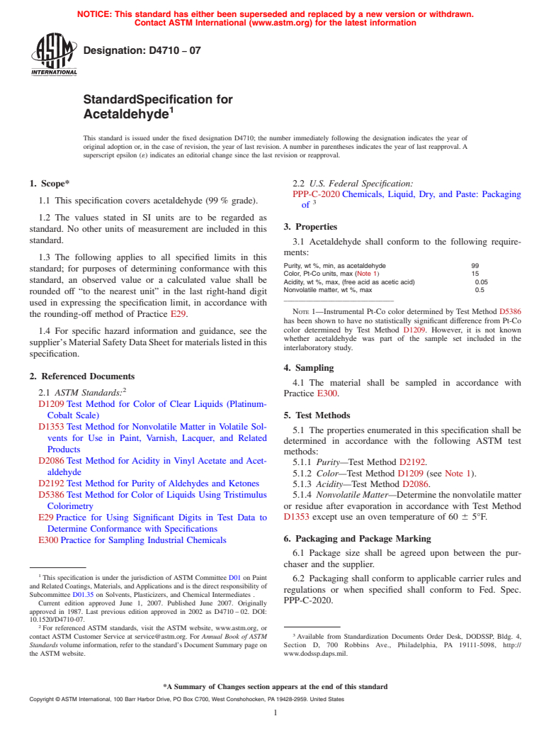 ASTM D4710-07 - Standard Specification for Acetaldehyde