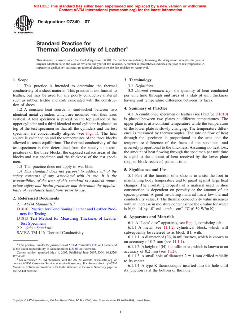 ASTM D7340-07 - Standard Practice for Thermal Conductivity of Leather