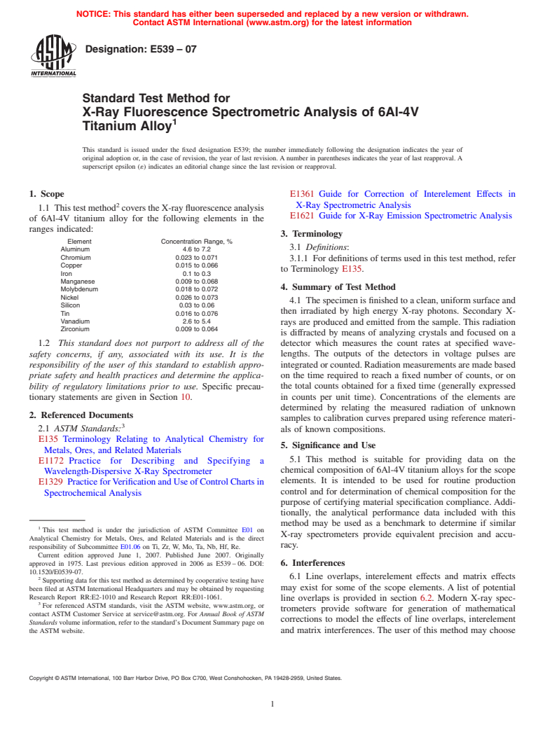 ASTM E539-07 - Standard Test Method for X-Ray Fluorescence Spectrometric Analysis of 6Al-4V Titanium Alloy
