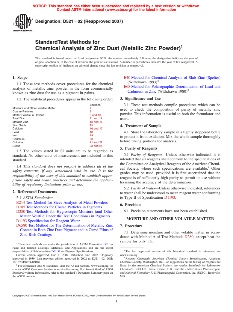 ASTM D521-02(2007) - Standard Test Methods for Chemical Analysis of Zinc Dust (Metallic Zinc Powder)