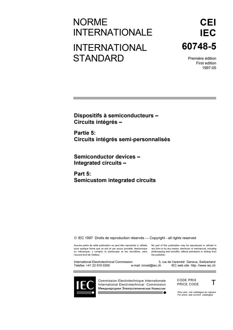 IEC 60748-5:1997 - Semiconductor devices - Integrated circuits - Part 5: Semicustom integrated circuits