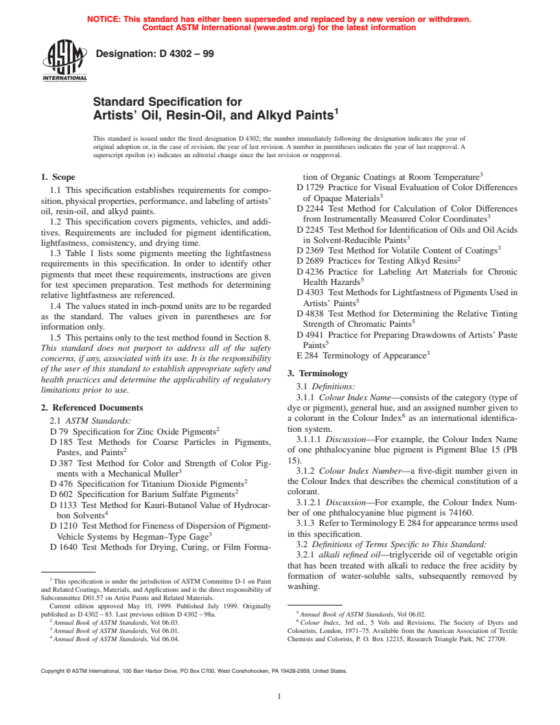 ASTM D4302-99 - Standard Specification for Artists' Oil, Resin-Oil, and Alkyd Paints