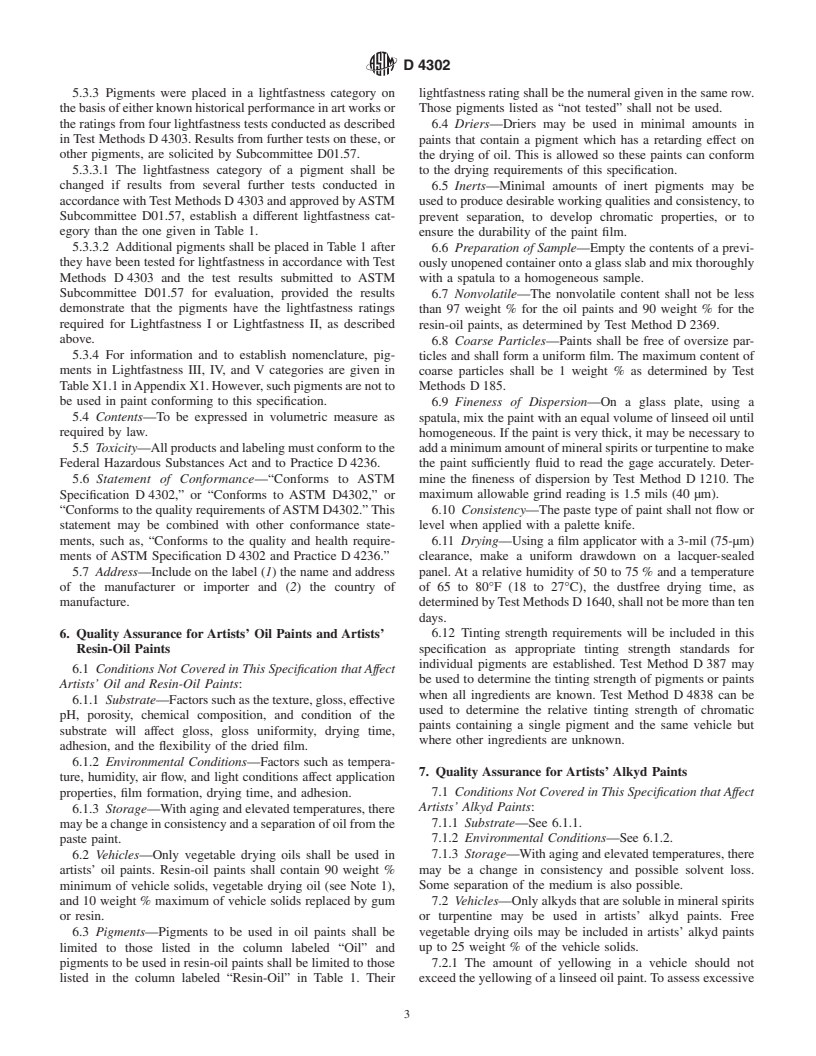 ASTM D4302-99 - Standard Specification for Artists' Oil, Resin-Oil, and Alkyd Paints
