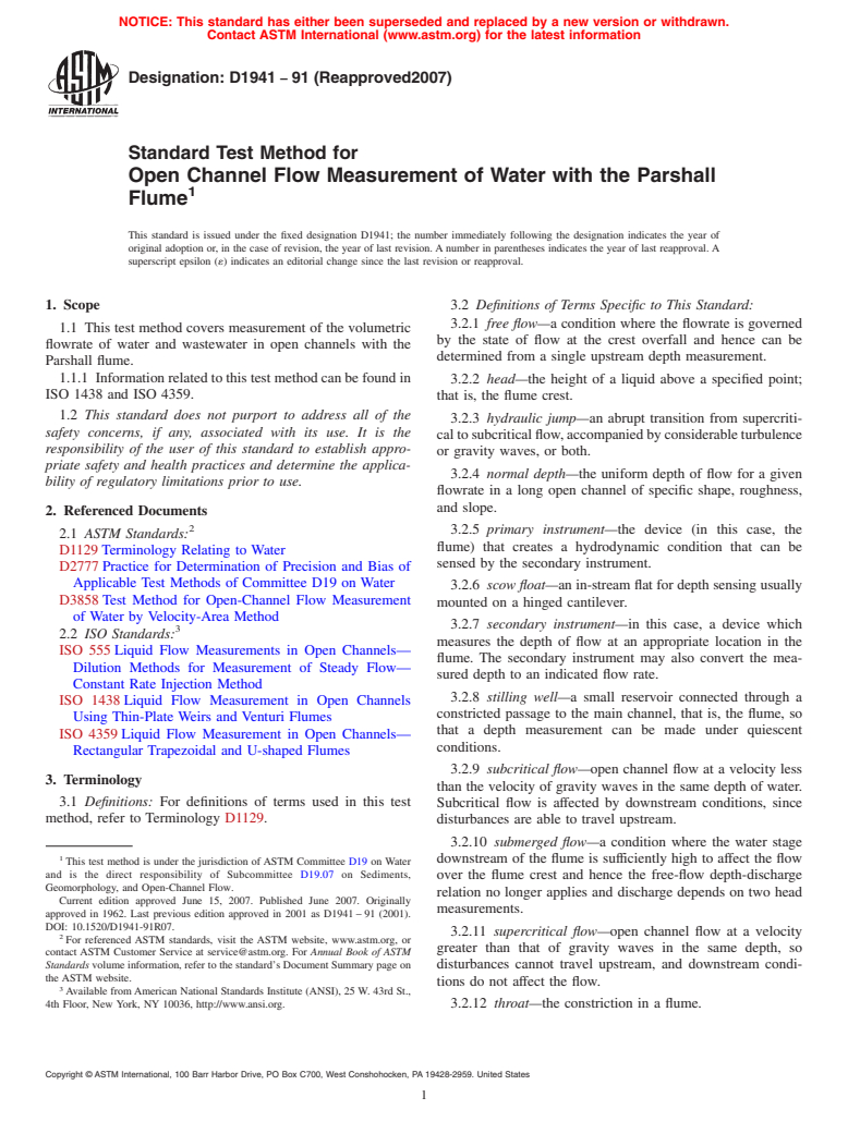 ASTM D1941-91(2007) - Standard Test Method for Open Channel Flow Measurement of Water with the Parshall Flume