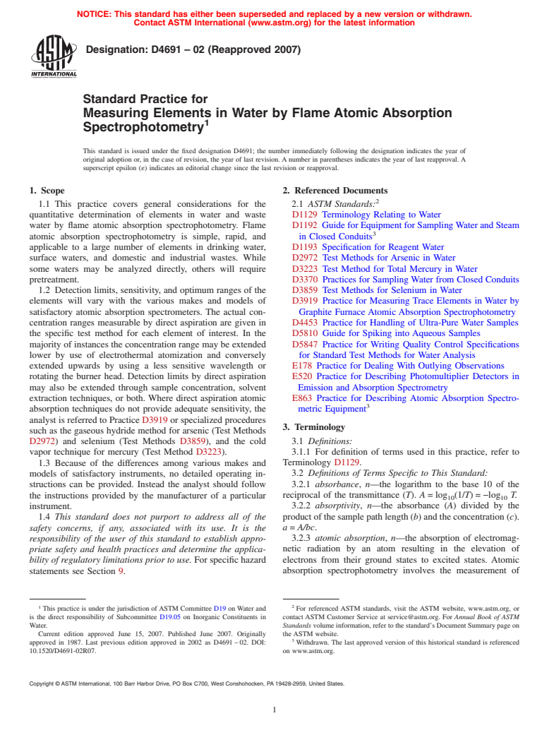 ASTM D4691-02(2007) - Standard Practice for Measuring Elements in Water by Flame Atomic Absorption Spectrophotometry