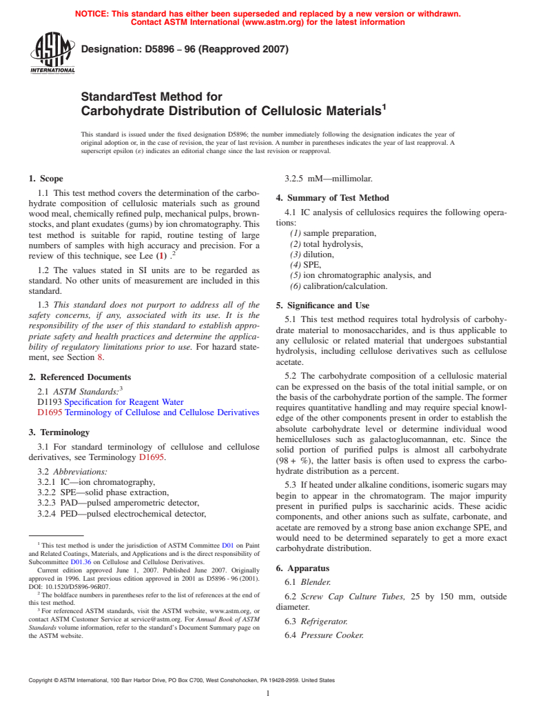 ASTM D5896-96(2007) - Standard Test Method for Carbohydrate Distribution of Cellulosic Materials