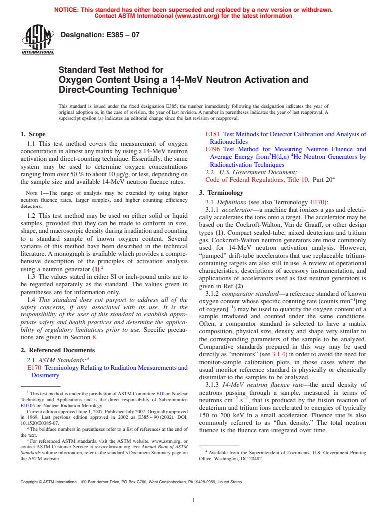 ASTM E385-07 - Standard Test Method for Oxygen Content Using a 14-MeV Neutron Activation and Direct-Counting Technique