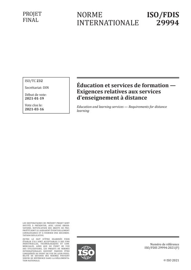 ISO/FDIS 29994:Version 05-feb-2021 - Éducation et services de formation -- Exigences relatives aux services d'enseignement a distance