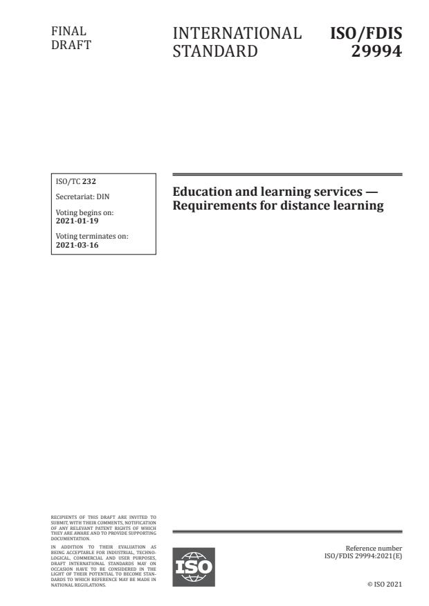 ISO/FDIS 29994:Version 16-jan-2021 - Education and learning services -- Requirements for distance learning