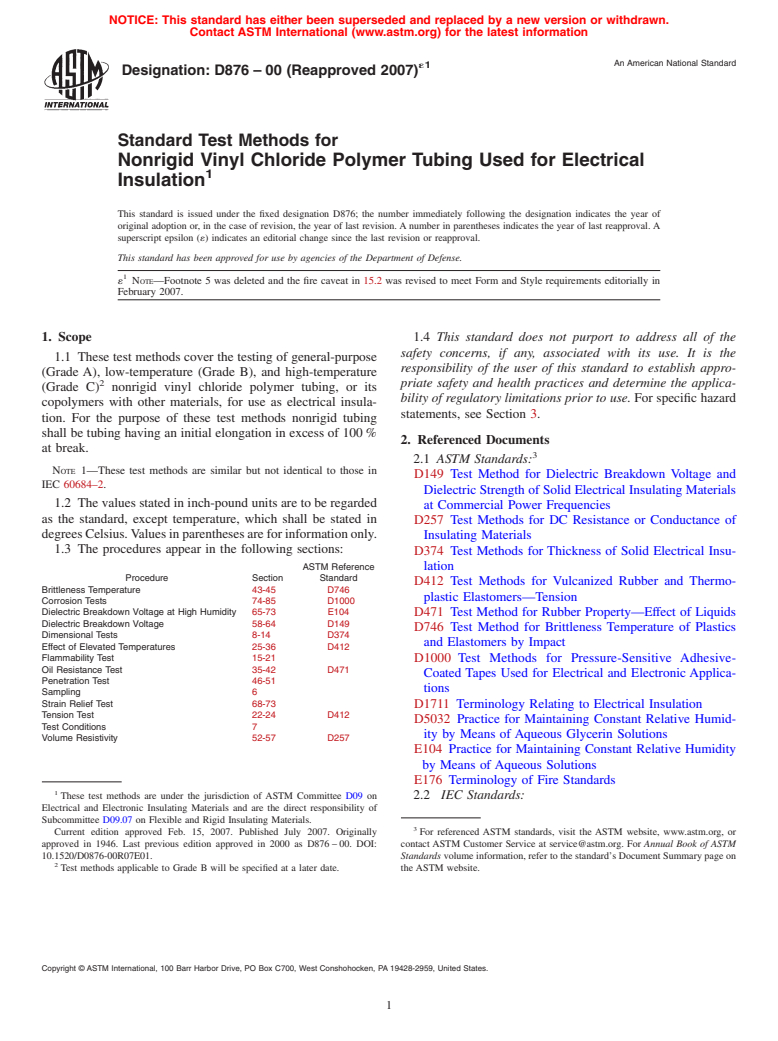 ASTM D876-00(2007)e1 - Standard Test Methods for Nonrigid Vinyl Chloride Polymer Tubing Used for Electrical Insulation