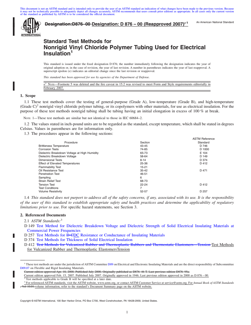 REDLINE ASTM D876-00(2007)e1 - Standard Test Methods for Nonrigid Vinyl Chloride Polymer Tubing Used for Electrical Insulation