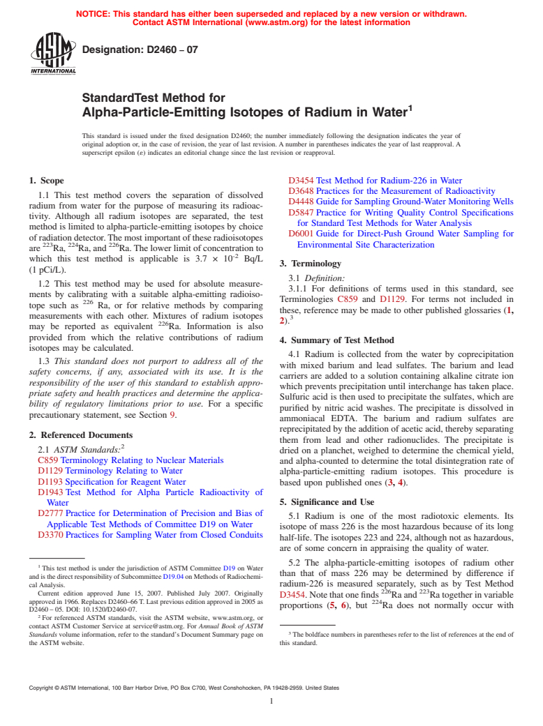 ASTM D2460-07 - Standard Test Method for Alpha-Particle-Emitting Isotopes of Radium in Water