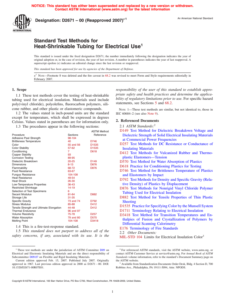 ASTM D2671-00(2007)e1 - Standard Test Methods for Heat-Shrinkable Tubing for Electrical Use