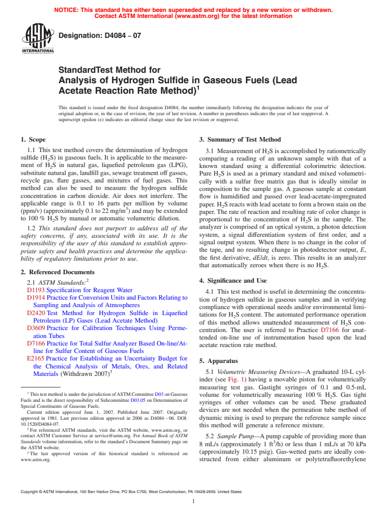 ASTM D4084-07 - Standard Test Method for Analysis of Hydrogen Sulfide in Gaseous Fuels (Lead Acetate Reaction Rate Method)