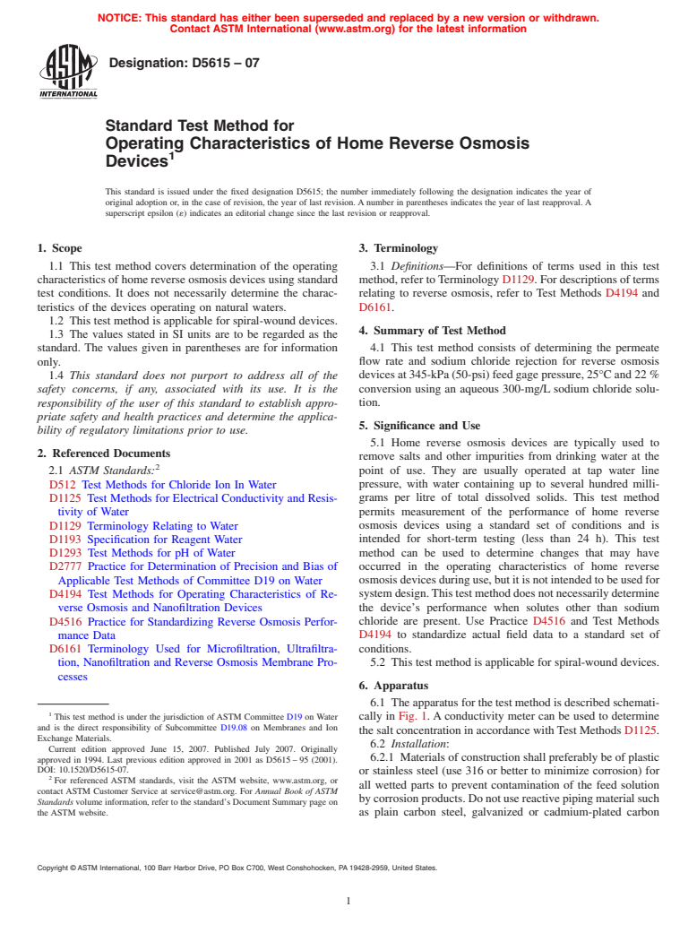 ASTM D5615-07 - Standard Test Method for Operating Characteristics of Home Reverse Osmosis Devices