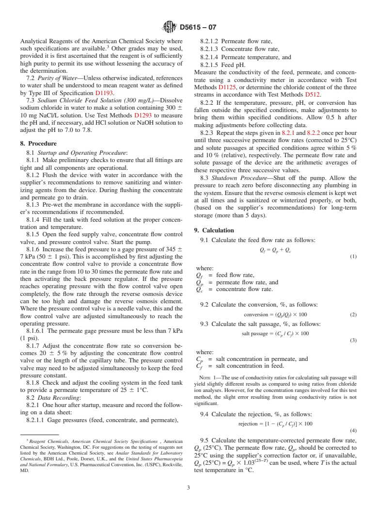 ASTM D5615-07 - Standard Test Method for Operating Characteristics of Home Reverse Osmosis Devices