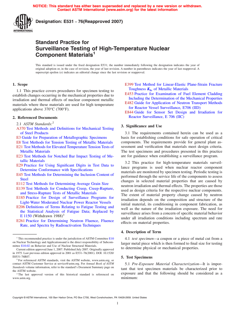 ASTM E531-76(2007) - Standard Practice for Surveillance Testing of High-Temperature Nuclear Component Materials