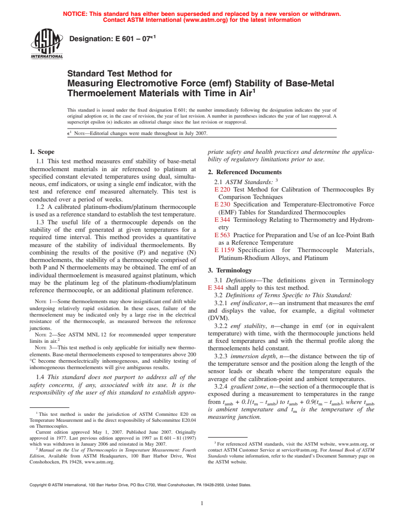 ASTM E601-07e1 - Standard Test Method for Measuring Electromotive Force (emf) Stability of Base-Metal Thermoelement Materials with Time in Air