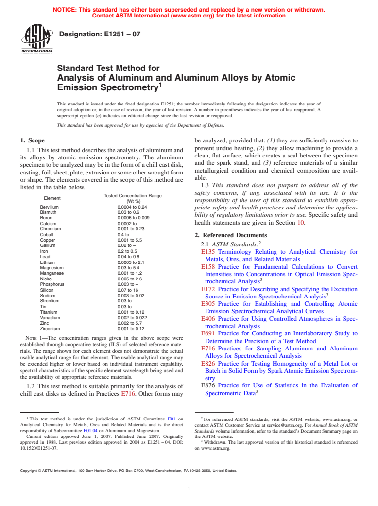 ASTM E1251-07 - Standard Test Method for Analysis of Aluminum and Aluminum Alloys by Atomic Emission Spectrometry