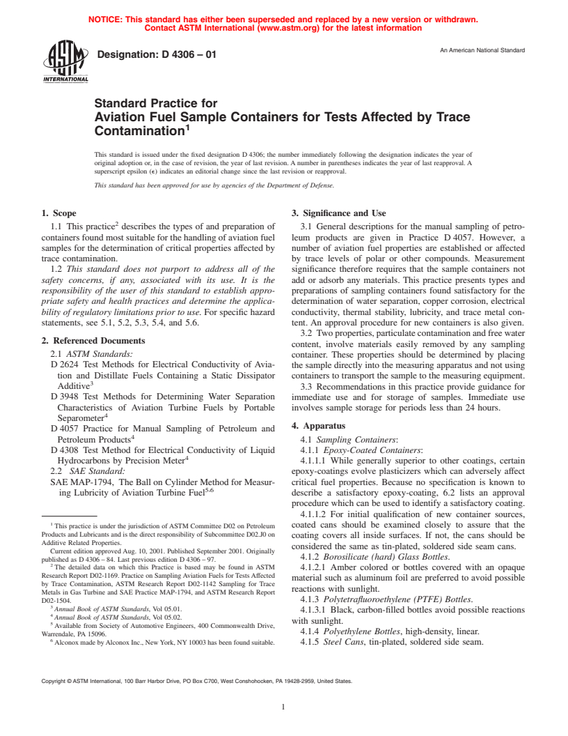 ASTM D4306-01 - Standard Practice for Aviation Fuel Sample Containers for Tests Affected by Trace Contamination