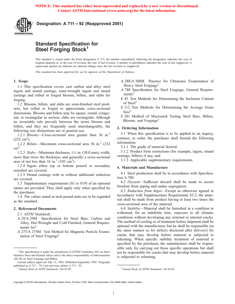 ASTM A711-92(2001) - Standard Specification for Steel Forging Stock