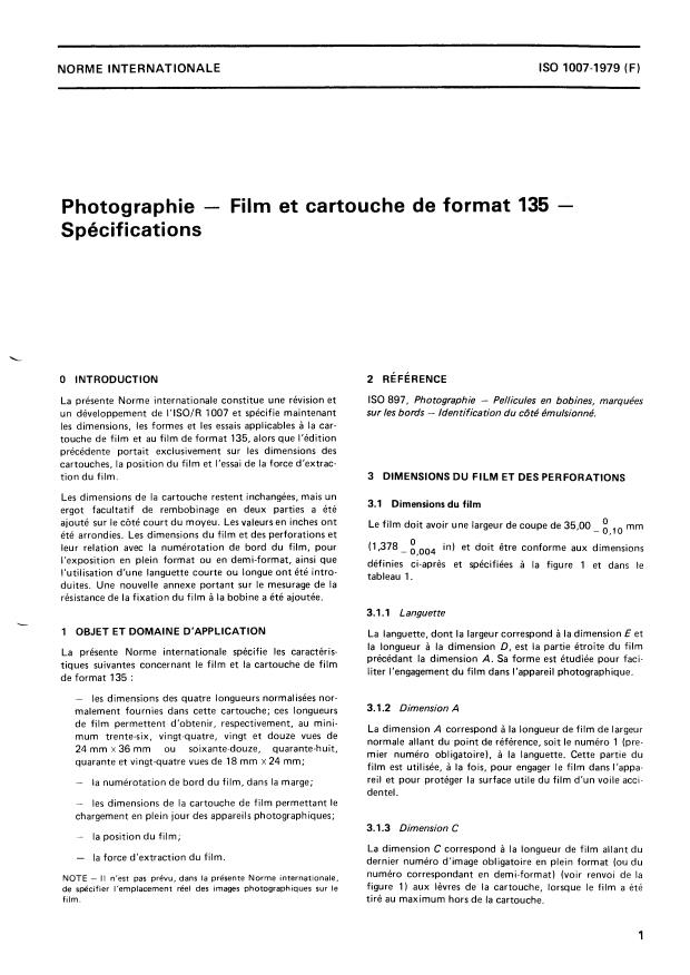 ISO 1007:1979 - Photographie -- Film et cartouche de format 135 -- Spécifications