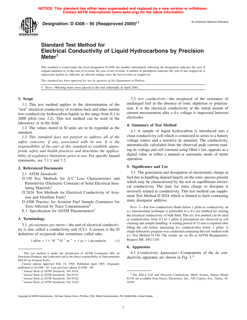 ASTM D4308-95(2000)e1 - Standard Test Method for Electrical Conductivity of Liquid Hydrocarbons by Precision Meter