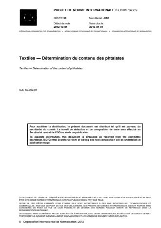 ISO 14389:2014 - Textiles -- Détermination de la teneur en phtalates -- Méthode au tétrahydrofurane