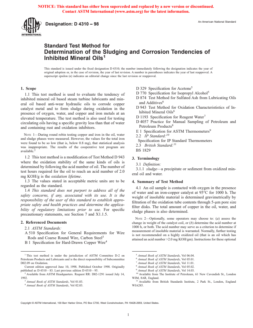 ASTM D4310-98 - Standard Test Method for Determination of the Sludging and Corrosion Tendencies of Inhibited Mineral Oils