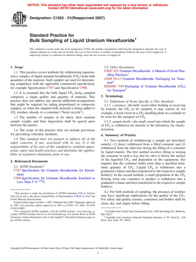 ASTM C1052-01(2007) - Standard Practice for  Bulk Sampling of Liquid Uranium Hexafluoride