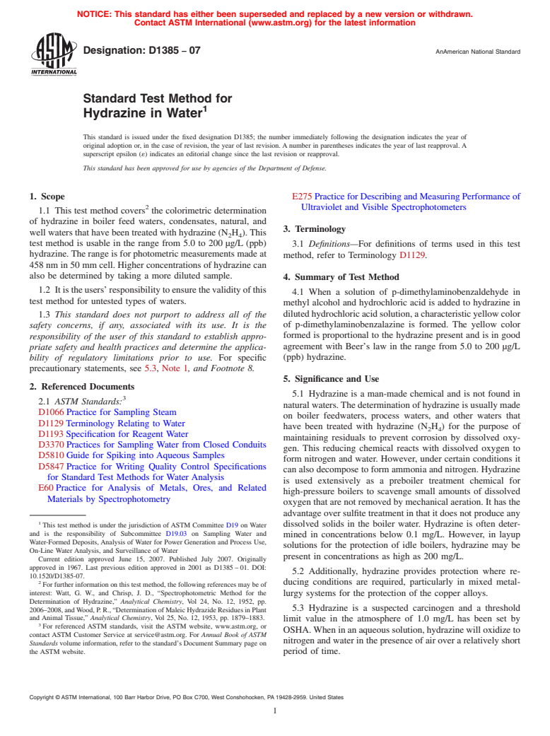 ASTM D1385-07 - Standard Test Method for Hydrazine in Water