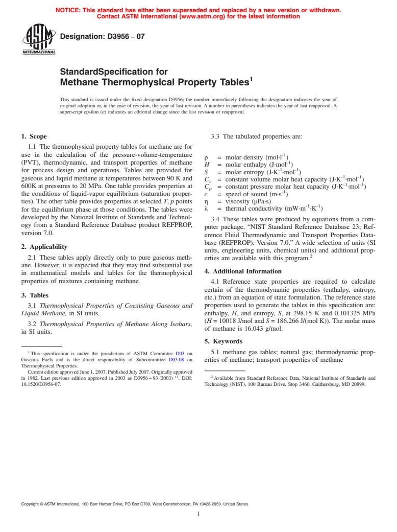 ASTM D3956-07 - Standard Specification for Methane Thermophysical Property Tables