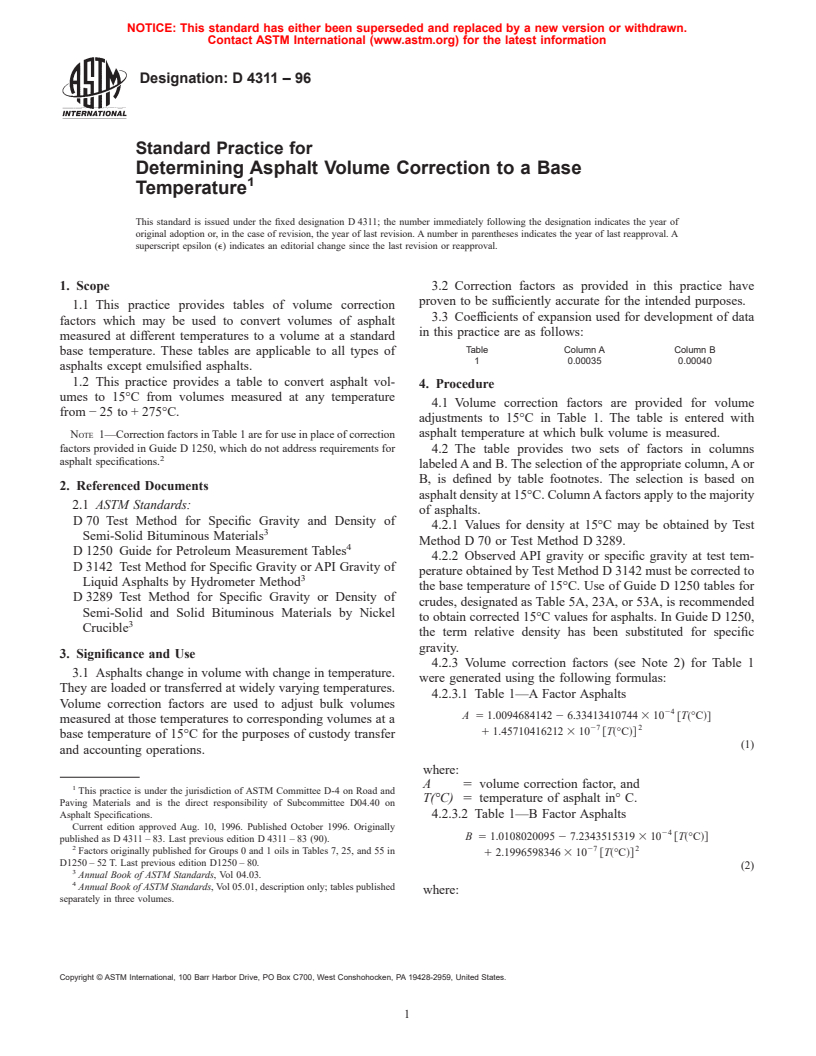 ASTM D4311-96 - Standard Practice for Determining Asphalt Volume Correction to a Base Temperature