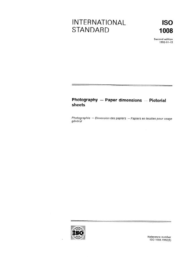 ISO 1008:1992 - Photography -- Paper dimensions -- Pictorial sheets