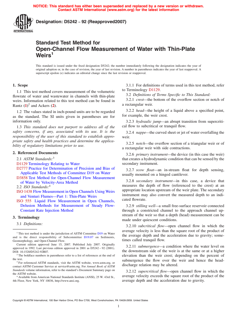 ASTM D5242-92(2007) - Standard Test Method for Open-Channel Flow Measurement of Water with Thin-Plate Weirs