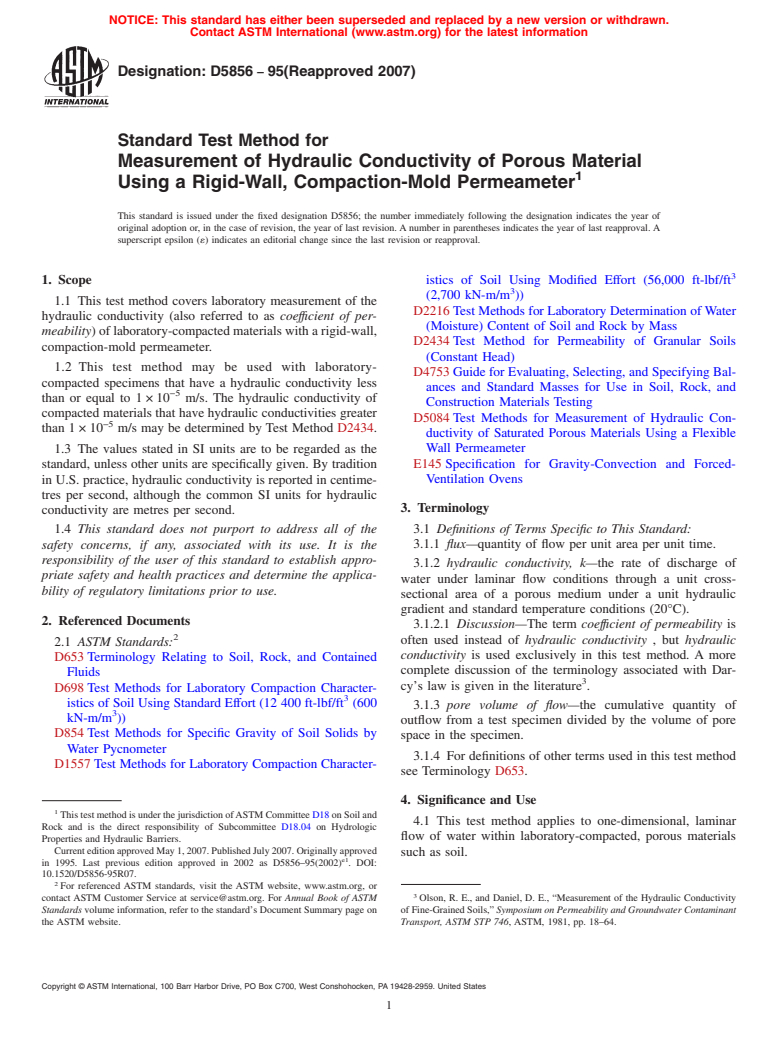 ASTM D5856-95(2007) - Standard Test Method for  Measurement of Hydraulic Conductivity of Porous Material Using a Rigid-Wall, Compaction-Mold Permeameter