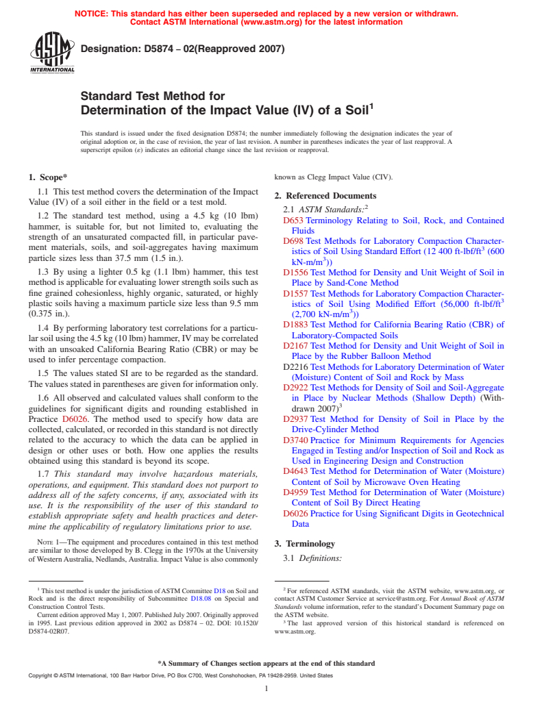 ASTM D5874-02(2007) - Standard Test Method for Determination of the Impact Value (IV) of a Soil