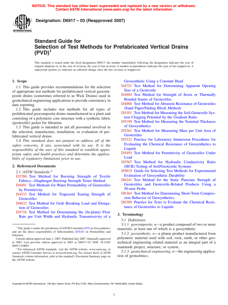 ASTM D6917-03(2007) - Standard Guide for Selection of Test Methods for Prefabricated Vertical Drains (PVD)