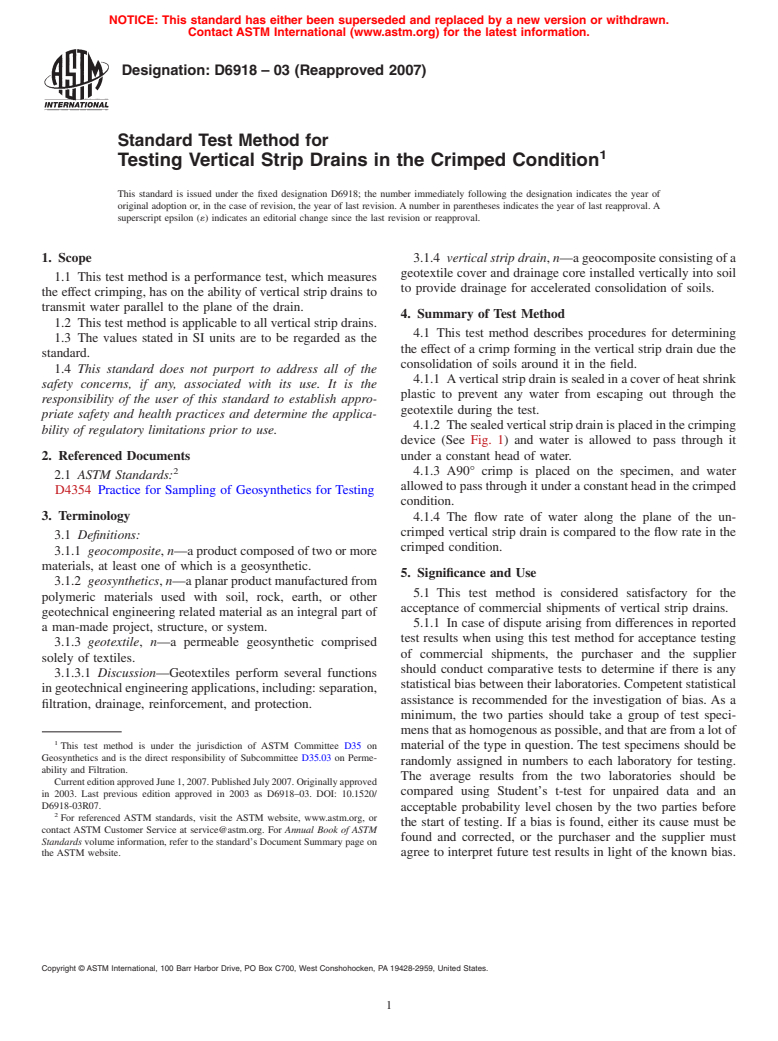 ASTM D6918-03(2007) - Standard Test Method for Testing Vertical Strip Drains in the Crimped Condition