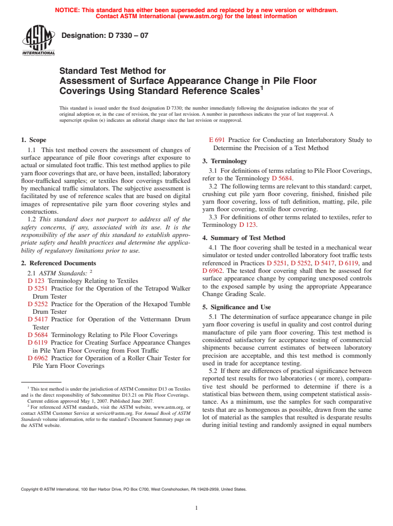 ASTM D7330-07 - Standard Test Method for Assessment of Surface Appearance Change in Pile Floor Coverings Using Standard Reference Scales