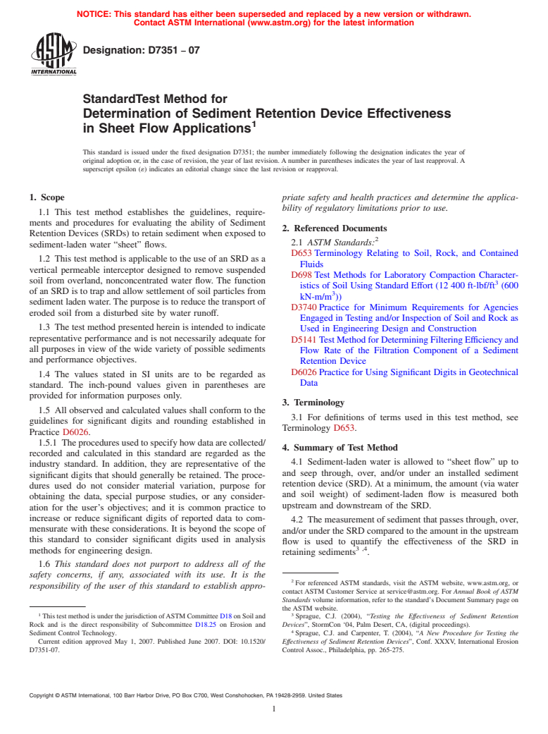 ASTM D7351-07 - Standard Test Method for Determination of Sediment Retention Device Effectiveness in Sheet Flow Applications