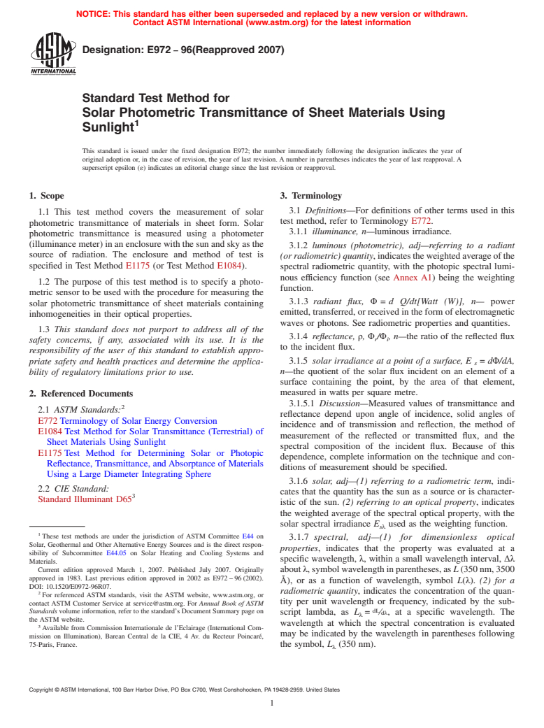 ASTM E972-96(2007) - Standard Test Method for Solar Photometric Transmittance of Sheet Materials Using Sunlight