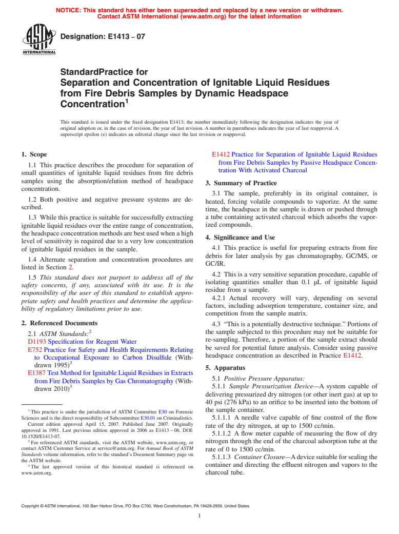 ASTM E1413-07 - Standard Practice for Separation and Concentration of Ignitable Liquid Residues from Fire Debris Samples by Dynamic Headspace Concentration
