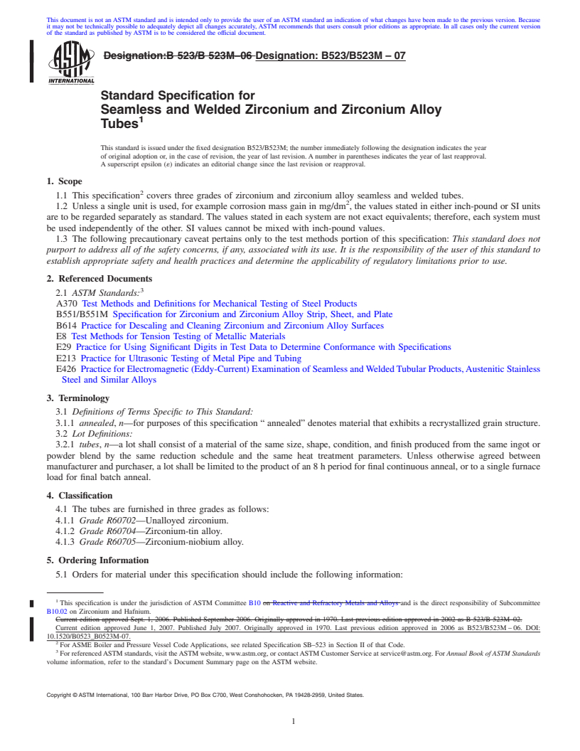 REDLINE ASTM B523/B523M-07 - Standard Specification for Seamless and Welded Zirconium and Zirconium Alloy Tubes