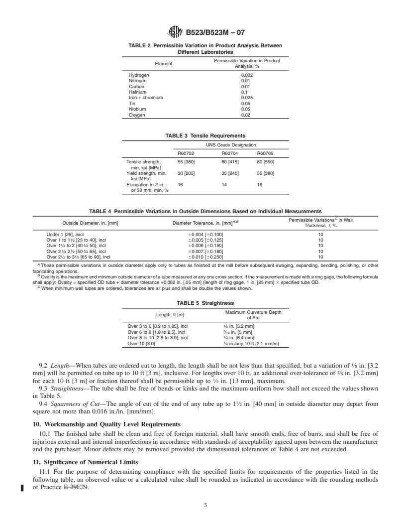 REDLINE ASTM B523/B523M-07 - Standard Specification for Seamless and Welded Zirconium and Zirconium Alloy Tubes