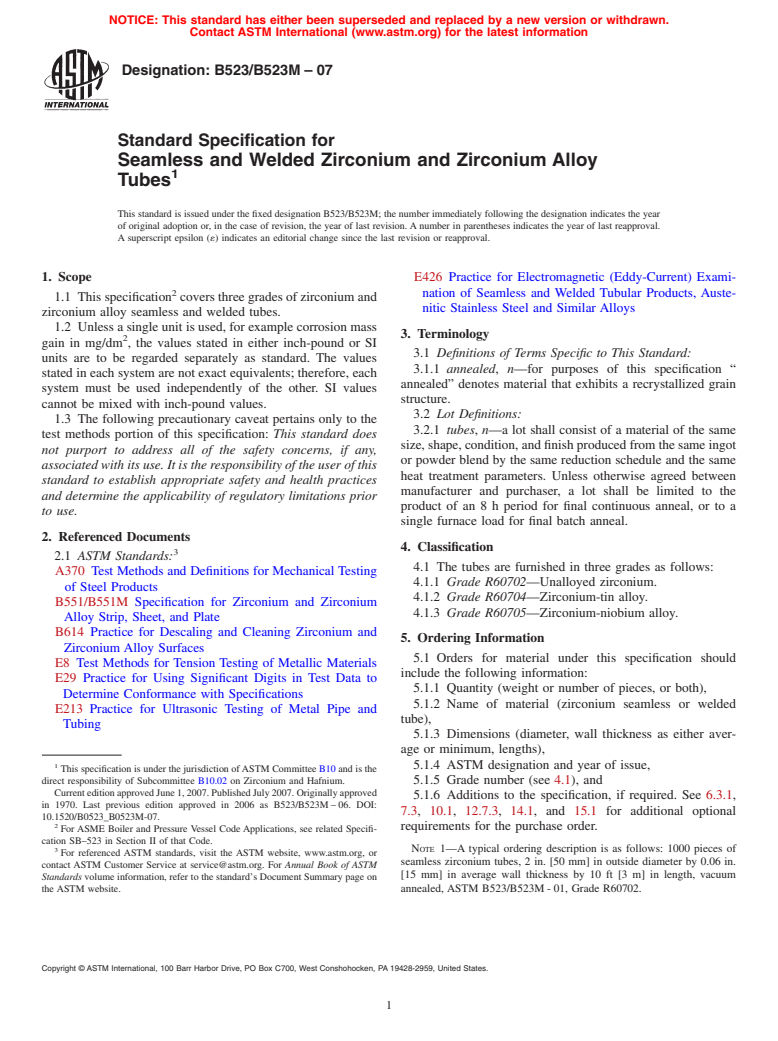 ASTM B523/B523M-07 - Standard Specification for Seamless and Welded Zirconium and Zirconium Alloy Tubes