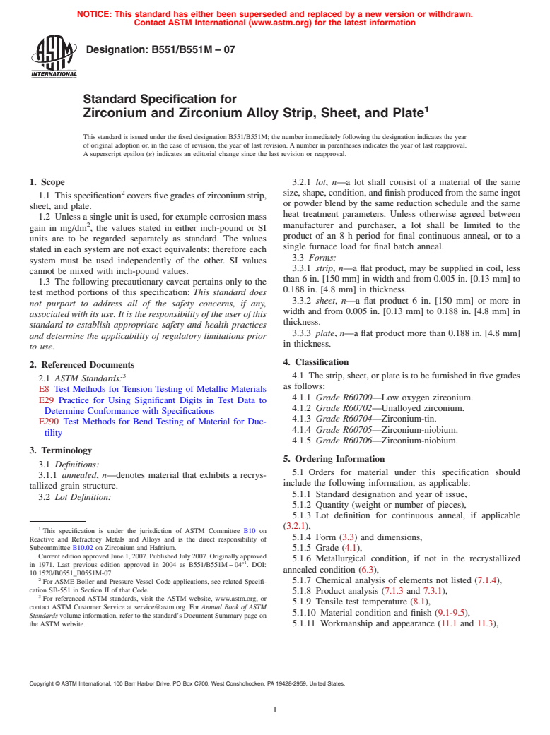 ASTM B551/B551M-07 - Standard Specification for Zirconium and Zirconium Alloy Strip, Sheet, and Plate