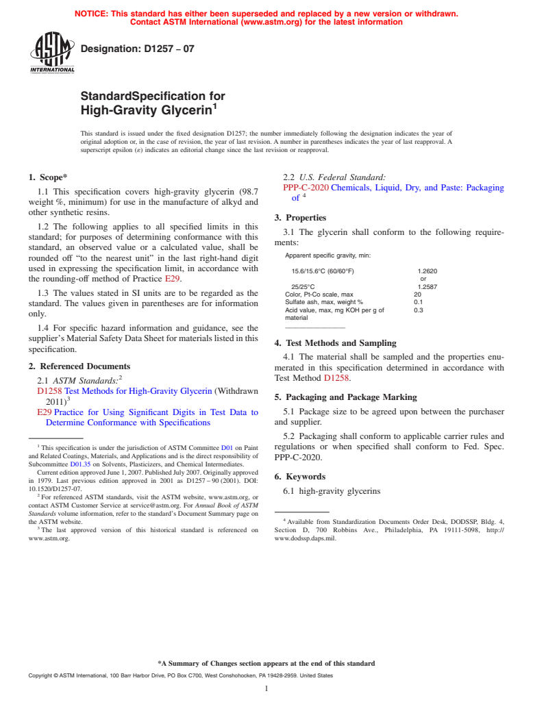 ASTM D1257-07 - Standard Specification for High-Gravity Glycerin